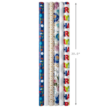 Hallmark Birthday Wrapping Paper Rolls for Graduation, Wedding, Baby Shower, Bridal Shower - Floral, White and Gold & Polka Dot Gift Wrap Paper (Set of 6 Assorted Rolls: 180 sq. ft. TTL.)