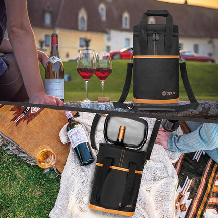 Opux 4 Bottle Insulated Wine Cooler Bag - Leakproof Padded Portable Wine Bottle Carrier for Travel Picnic BYOB Gift (Brown)