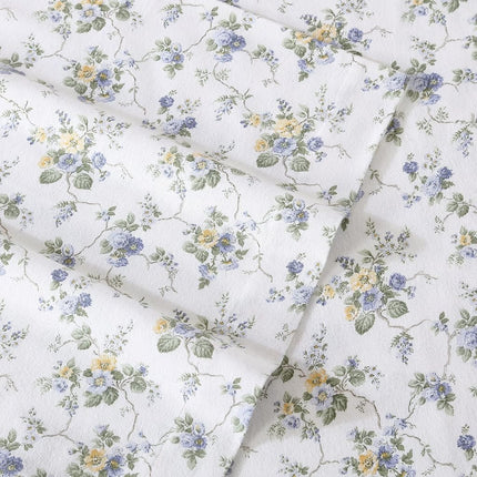 Laura Ashley Home | Flannel Collection Cotton Bedding Sheet Set, Pre-Shrunk & Brushed For Extra Softness, Comfort, and Cozy Feel, Twin, Le Fleur Cottage Blue