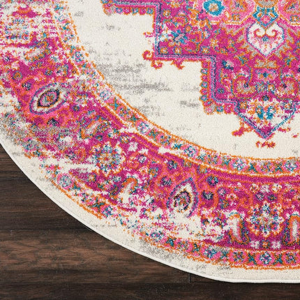 Tapis Nourison PSN03 Passion Vintage vieilli ivoire/fuchsia 120 cm rond
