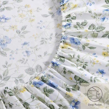 Laura Ashley Home - Queen Sheets, Soft Sateen Cotton Bedding Set - Sleek, Smooth, & Breathable Home Decor (Meadow Floral Blue,4pcs, Queen)