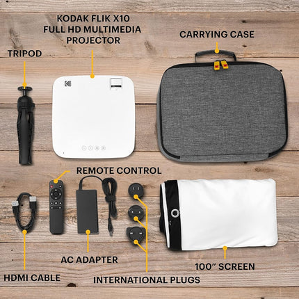 KODAK FLIK X10 Full HD Multimedia Projector Kit | 1080p Mini Compact Portable Home Theater System Bundle with 100� Projection Screen, Remote Control, Tripod Stand, HDMI Cable, Hooks & Carry Case