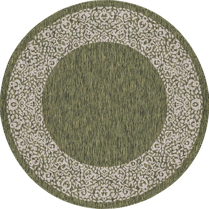 Unique Loom Outdoor Border Collection Area Rug - Floral Border (5' 3" Round, Green/Ivory)