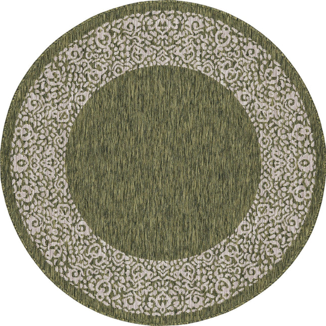 Unique Loom Outdoor Border Collection Area Rug - Floral Border (5' 3" Round, Green/Ivory)