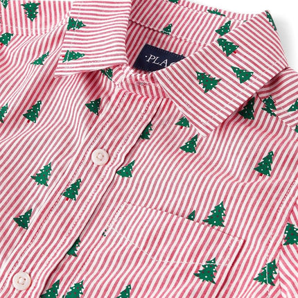 The Children's Place Boy's Long Sleeve Button Down Shirts, Red Trees, XX-Large