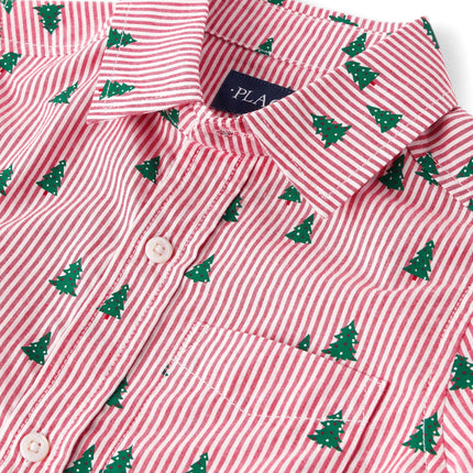 The Children's Place Boy's Long Sleeve Button Down Shirts, Red Trees, X-Large