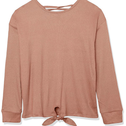 The Children's Place Girls' Long Sleeve Ribbed Tie Front Top, Cinnamon, Large
