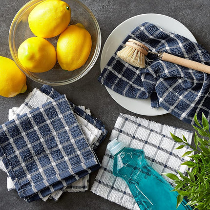 DII 100% Cotton, Machine Washable, Ultra Absorbant, Basic Everyday 12 x 12 Terry Kitchen Dish Cloths, Windowpane Design, Set of 6- Nautical Blue