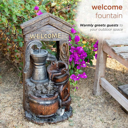 Alpine ZEN576S 2 Tier Fountain W/Waterfall Pump and Barrel, 24 Inch Tall Brown