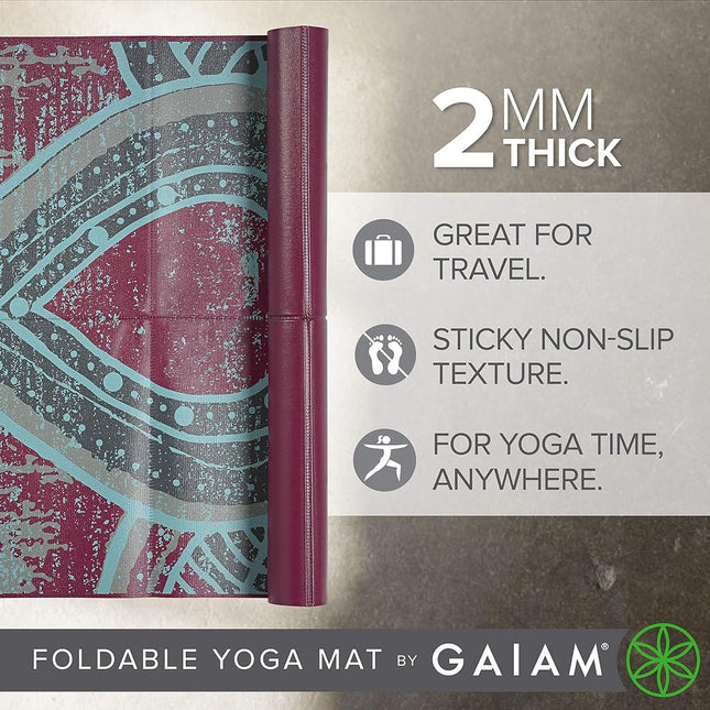 Gaiam Yoga Mat Folding Travel Fitness & Exercise Mat | Foldable Yoga Mat for All Types of Yoga, Pilates & Floor Workouts, Be Free, 2mm, 68"L x 24"W x 2mm Thick