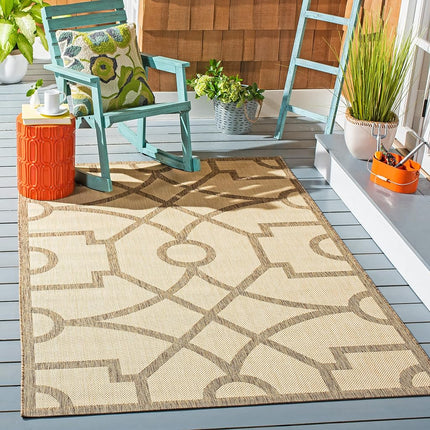 Martha Stewart by SAFAVIEH Collection 6'7" x 9'6" Beige/Dark Beige MSR4121K Fretwork Indoor/Outdoor Waterproof Easy-Cleaning Patio Backyard Mudroom Area-Rug