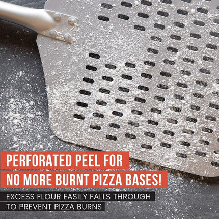 Chef Pomodoro Perforated Aluminum Long Extendable Pizza Peel, 12 x 14-Inch, with Detachable Wood 49-Inch Handle for Easy Storage, Gourmet Luxury Pizza Paddle for Baking Homemade Pizza Bread