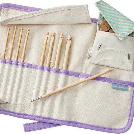 Clover Bamboo Interchangeable Tunisian Crochet Hook Set, Brown, 8" Height x 6.8" Length x 1.2" Width