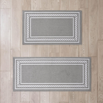 Nautica – Runner Rug 2 Piece Set | Indoor Runners for Hallways and Entry Rugs| Non-Skid Entry and Kitchen Door Mat| Machine Washable Carpet Rugs | 2'2" x 3'9" and 2'2" x 5' | Rope Border Light Grey