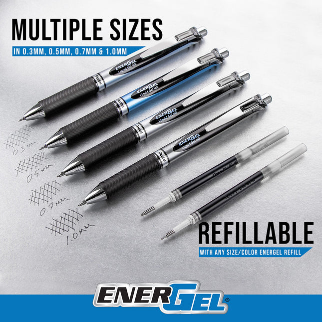 Pentel EnerGel RTX Retractable Liquid Gel Pen, 0.7mm, Scholar Hue, 2 Black and 1 Gray Ink, Pack of 3 Pens (BL77LEFBP3M)