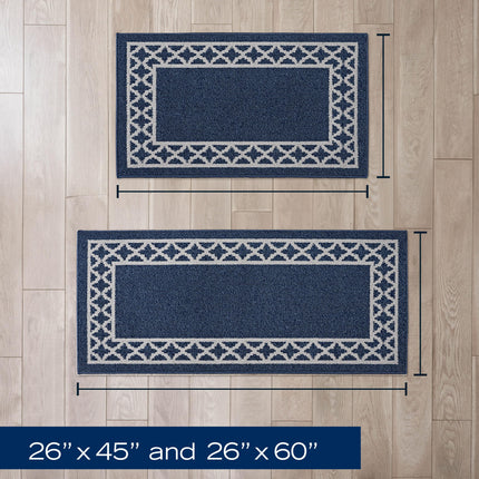 Nautica – Runner Rug 2 Piece Set | Indoor Runners for Hallways and Entry Rugs| Non-Skid Entry and Kitchen Door Mat| Machine Washable Carpet Rugs | 2'2" x 3'9" and 2'2" x 5' | Trellis Denim