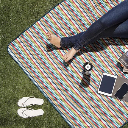 PICNIC TIME ONIVA - a brand - Vista Outdoor Picnic Blanket & Tote - Beach Blanket - Camping Blanket, (Fun Stripe Pattern with Aqua Blue Exterior)