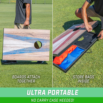 GoSports 3 x 2 ft Cornhole Board Set - Portable Outdoor Toss Game for Adults & Family - Includes Set of 8 Bean Bags with Built-in Storage - Rustic