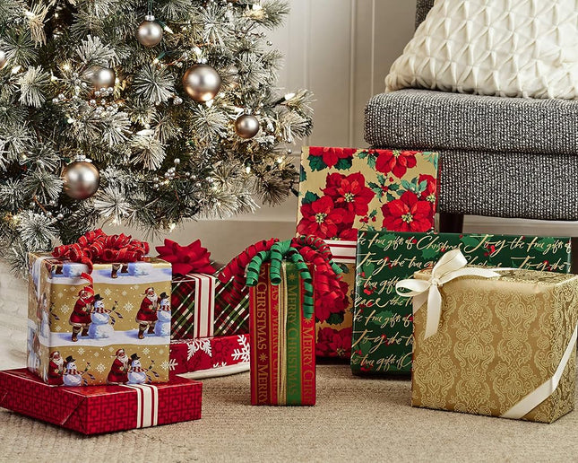 Hallmark Reversible Christmas Wrapping Paper Bundle, Traditional (Pack of 4, 150 sq. ft. TTL.), Red and Green, 4 Pack, Red and Green, 4 Pack