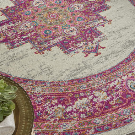 Nourison PSN03 Passion Distressed Vintage Ivory/Fuschia Area Rug 8' x 8'