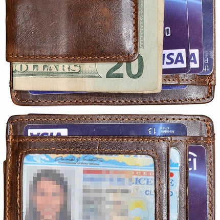 HOPSOOKEN Clip de Dinero RFID Billetera de Bolsillo Delantero de Cuero Delgada Minimalista para Hombre, Marrón con Ventana de Identificación (Cuero Crazy Horse), S