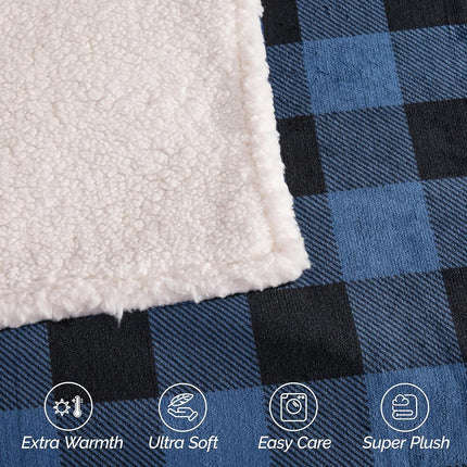 Elegant Comfort Ultra Soft Reversible Buffalo Plaid Flannel Sherpa Blanket - Cozy Silky Checkered Fleece Throw for Couch, Bed - Plush Fuzzy Warm Winter Blanket for Gift, Twin XL, Blue