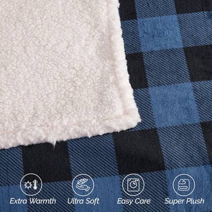Elegant Comfort Ultra Soft Reversible Buffalo Plaid Flannel Sherpa Blanket - Cozy Silky Checkered Fleece Throw for Couch, Bed - Plush Fuzzy Warm Winter Blanket for Gift, Twin XL, Blue