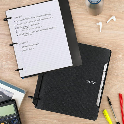 Five Star Flex Refillable Notebook + Study App, College Ruled Paper, 1-1/2 Inch TechLock Rings, Pockets, Tabs and Dividers, 300 Sheet Capacity, Black (29324AA2)
