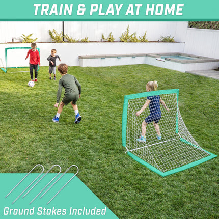 GoSports Team Tone 4 ft x 3 ft Portable Soccer Goals for Kids - Set of 2 Pop Up Nets for Backyard - Turquoise