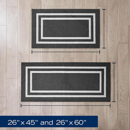Nautica – Juego de 2 Alfombras Corredoras | Corredores de Interior para Pasillos y Entradas | Felpudo Antideslizante para Entrada y Cocina | Alfombras Lavables a Máquina | 66 x 114 cm y 66 x 152 cm | Doble Borde Gris Oscuro