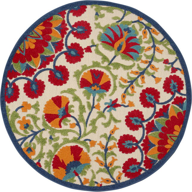 Nourison Aloha ALH20 Red/Multicolor Easy-Care Indoor/Outdoor Area Rug 5'3" Round, XROUND, Multi