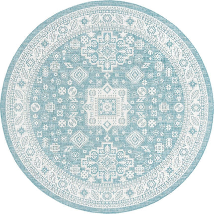 Unique Loom Outdoor Aztec Collection Area Rug - Chalca (10' Round, Aqua/Ivory)