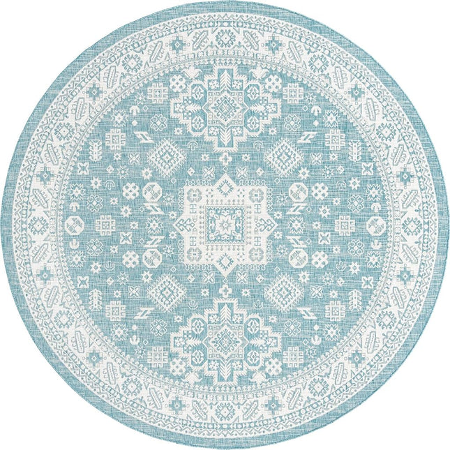 Unique Loom Outdoor Aztec Collection Area Rug - Chalca (10' Round, Aqua/Ivory)