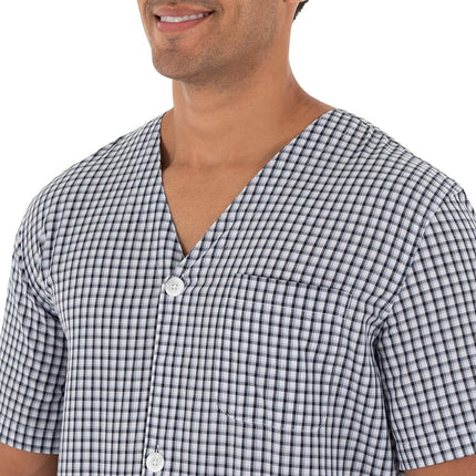Fruit of The Loom Men's Broadcloth Short Sleeve Pajama Set, Navy/White Check, Large