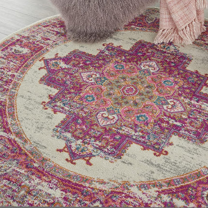 Tapis Nourison PSN03 Passion Vintage vieilli ivoire/fuchsia 120 cm rond