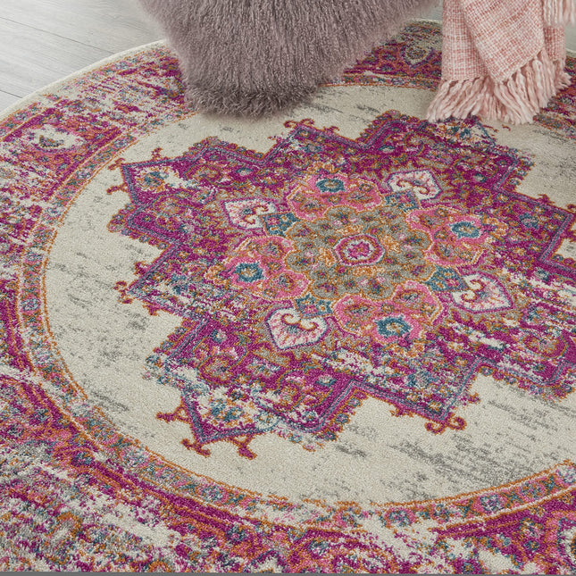 Tapis Nourison PSN03 Passion Vintage vieilli ivoire/fuchsia 120 cm rond