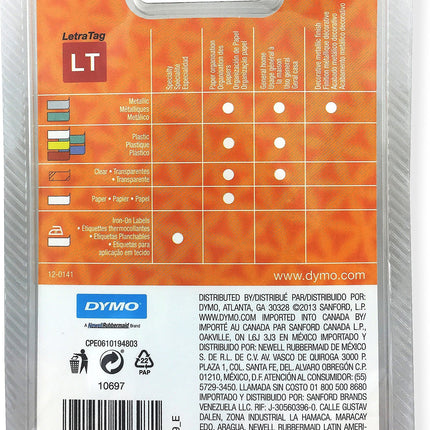 3 rollos de cinta de etiquetas DYMO LetraTag para rotuladoras LetraTag, impresión negra sobre cinta de papel blanca, 1/2'' de ancho x 13' de largo (10697)