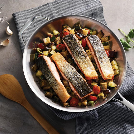 Tramontina Three Layer Clad Stainless Steel 12" Frying Pan with Auxiliary Handle, Induction Ready Frying Pan, Dishwasher Safe, NSF Certified, Made in Brazil