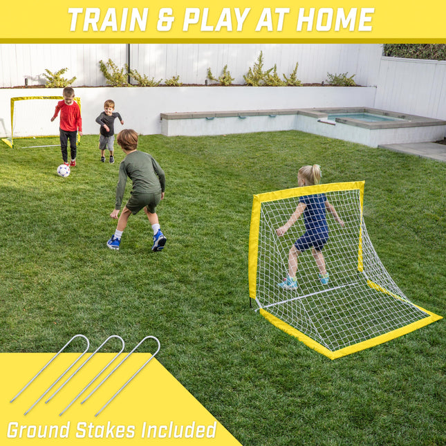 GoSports Team Tone 4 ft x 3 ft Portable Soccer Goals for Kids - Set of 2 Pop Up Nets for Backyard - Yellow