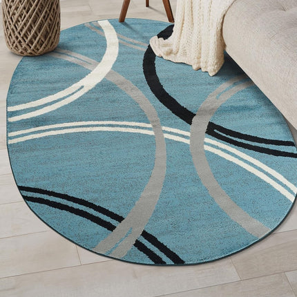 Tapis ovale à motif de cercles ondulés modernes Rugshop, tapis anti-chute pour salon, chambre ou salle à manger, bleu, ovale 1,5 m x 2,1 m