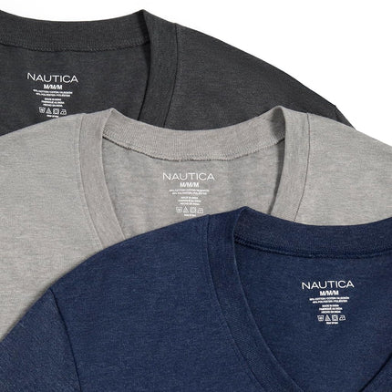 Nautica Men's 3-Pack Heathered V-Neck T-Shirt, Light Grey/Charcoal/Peacoat Heather, Medium