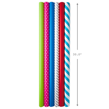 Hallmark All Occasion Wrapping Paper Bundle with Cut Lines on Reverse (Pack of 6; 180 sq. ft. TTL.) Solids, Polka Dots & Stripes for Birthdays, Easter, Mothers Day, Weddings, Baby Showers (5JXW1746)