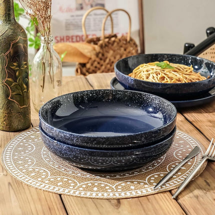 S&Q'S Ceramics Large Serving Bowls Set of 4, 60 Ounce Salad, 10'' Ceramic Wide Shallow Bowl Plates, Pasta Dishes for Fruit, Party, Entertaining, Microwave Safe(Navy Blue), (TSW2021)