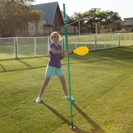 Champion Sports Tetherball Tennis: Swingball Outdoor Lawn Game for Kids, Adults, and Families - Backyard Tether Kit with Tennis Ball and Paddle Set