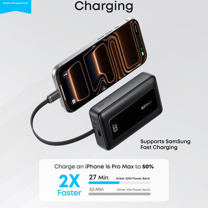 Anker Zolo Power Bank (10K, 30W) with a 5.4-inch (13.7 cm) built-in USB-C cable.