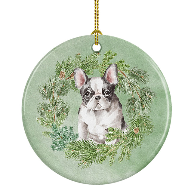 French Bulldog Black and White Christmas Wreath Ceramic Ornament-0