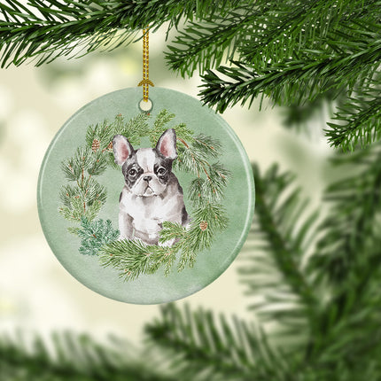 French Bulldog Black and White Christmas Wreath Ceramic Ornament-1