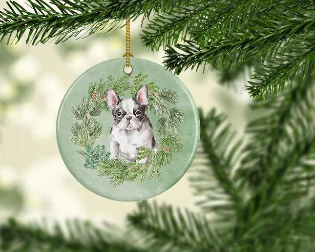 French Bulldog Black and White Christmas Wreath Ceramic Ornament-1