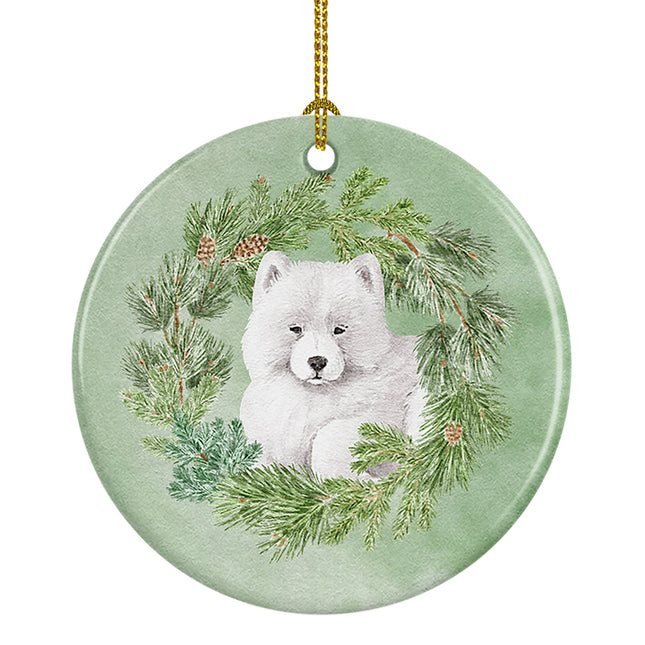 Samoyed Puppy Christmas Wreath Ceramic Ornament-0