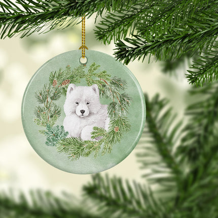 Samoyed Puppy Christmas Wreath Ceramic Ornament-1